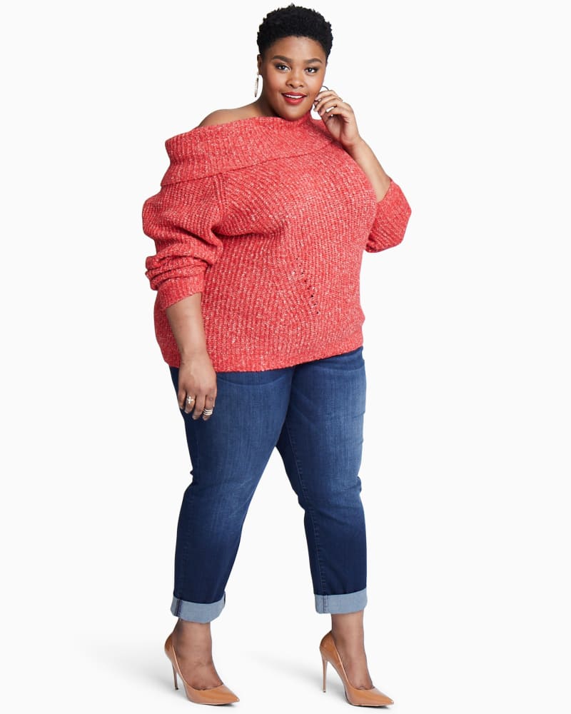 Plus size model with pear body shape wearing Cassandra Off The Shoulder Cowl Sweater by Gabrielle | Dia&Co | dia_product_style_image_id:111638